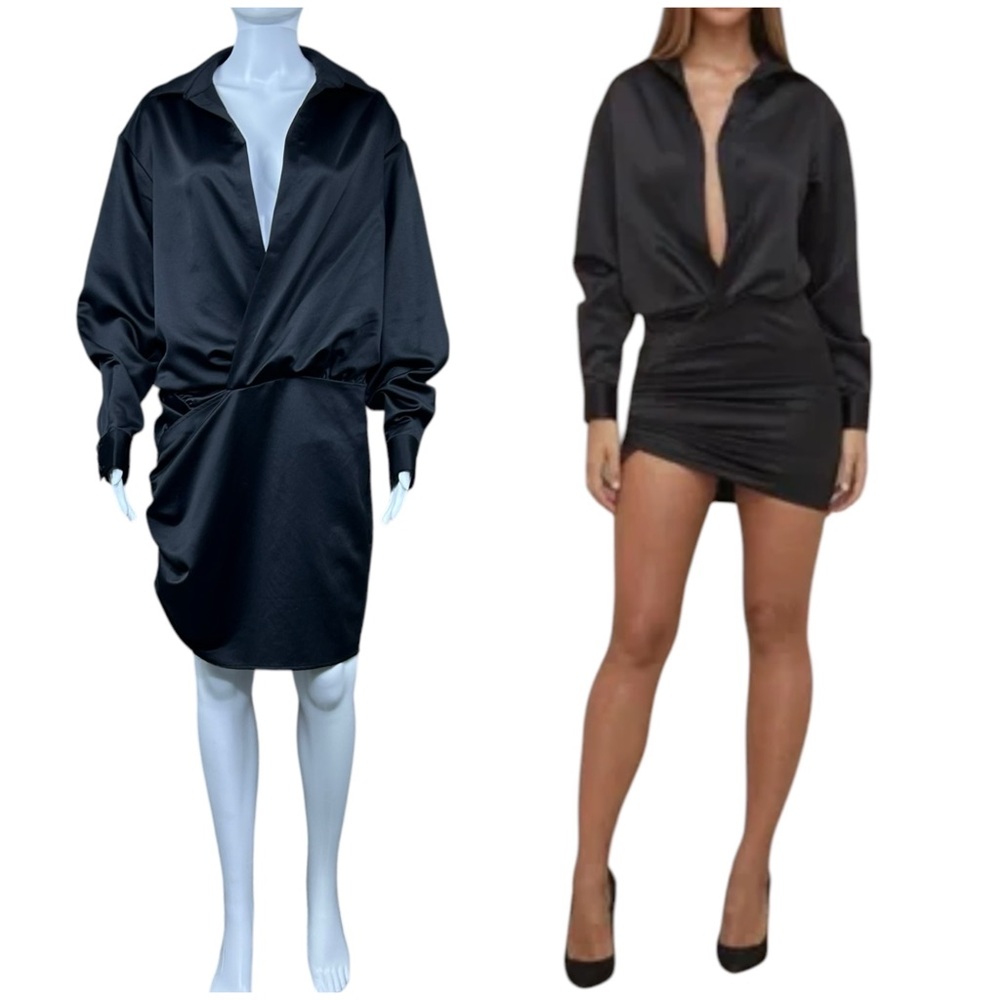 House of CB ‘Maddie’ Black Satin Mini Dress Sz LARGE Draped Coquette Party Goth